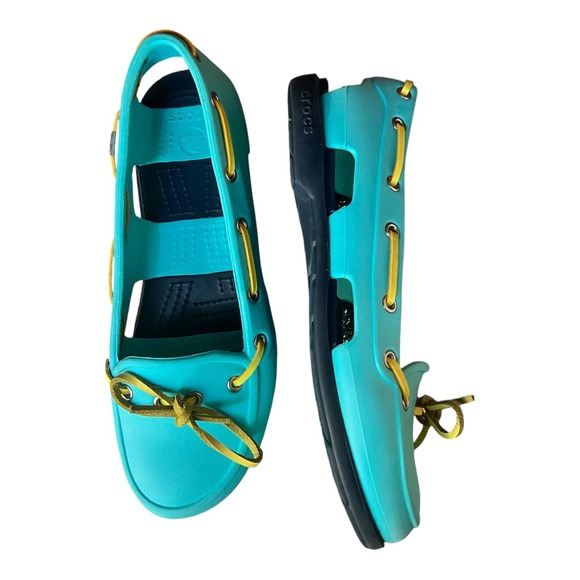 Crocs Women's Shoes Sz 8 Turquoise Blue Yellow Boat Shoes Slip On Comfort - Picture 9 of 10